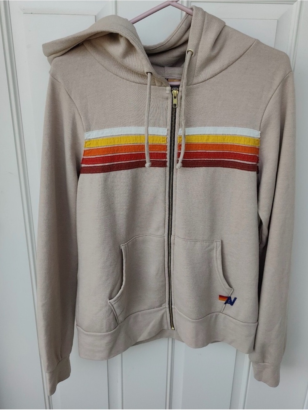 Beige Hooded Zip-Up Sweater with Sunset Stripe Detail - Picture 4 of 7